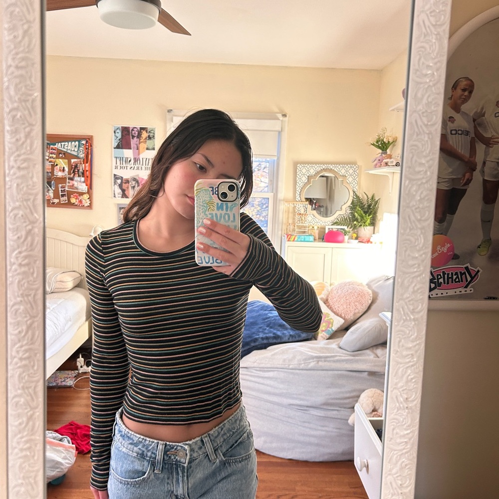 American Eagle Outfitters Black, Muli-Colored Striped Long Sleeve Tee